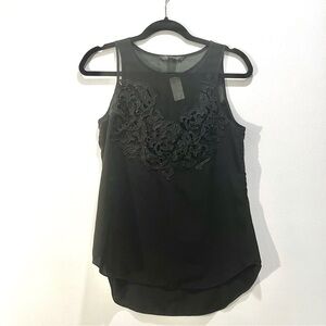 NEW Armani Exchange Black Semi Sheer Floral Appliqué Sleeveless Blouse Small